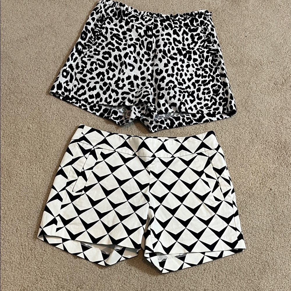 Two J. Crew Shorts: Black & White Geometric and Leopard Print, Size 00/0
